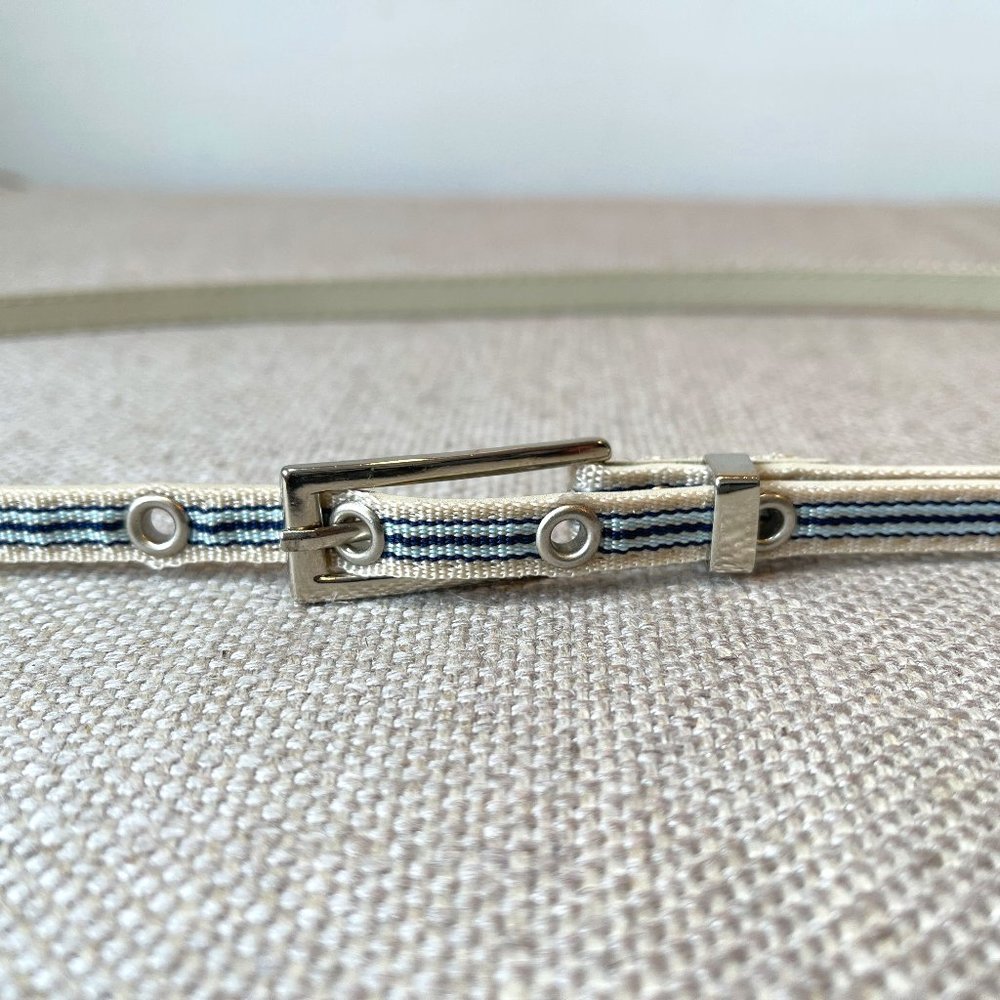 Tan and Blue Skinny Fabric Belt with Silver Tone Buckle Size Meduim